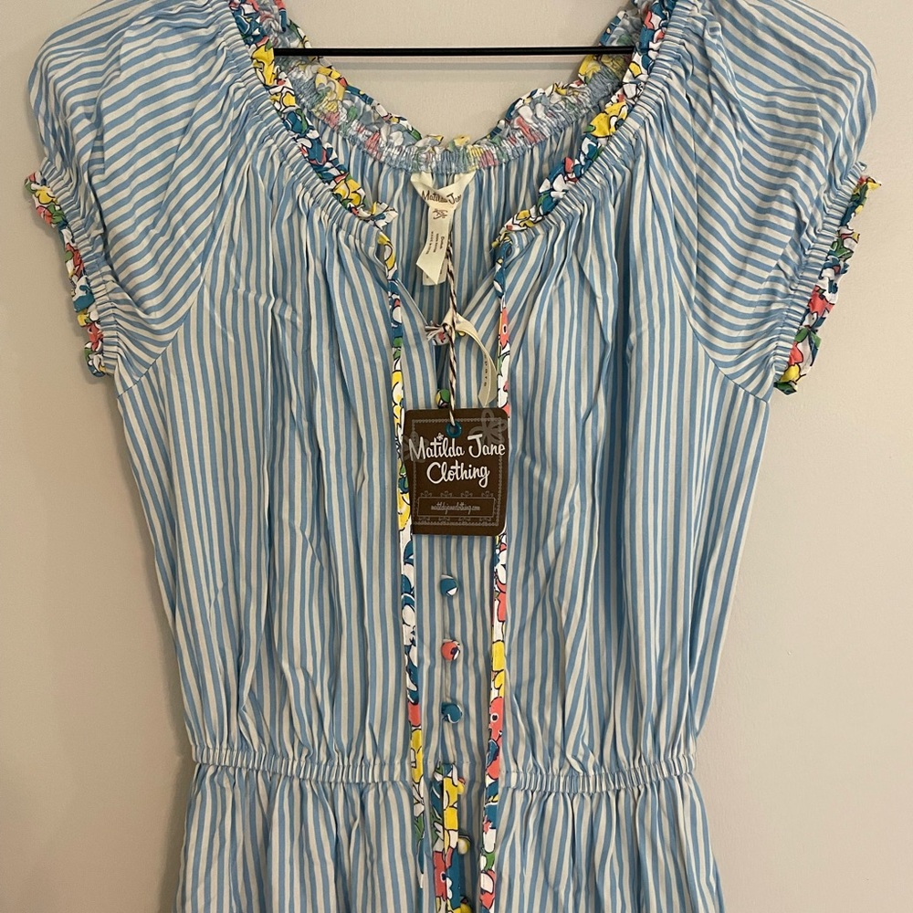 Matilda Jane Blue Striped Dress with Floral Trim